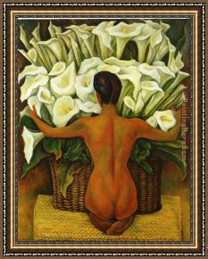 Calla-green Framed Paintings - Nude with Calla Lilies by Diego Rivera