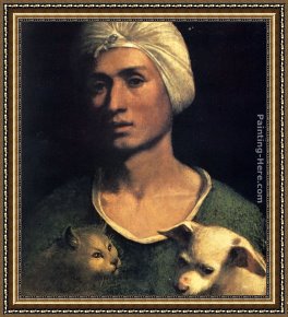 Portrait of a Young Benedictine Framed Paintings - Portrait Of A Young Man With A Dog And A Cat by Dosso Dossi