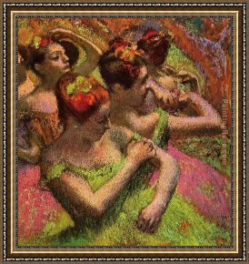 Ballerina Framed Paintings - Ballerinas Adjusting Their Dresses by Edgar Degas
