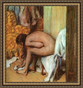 St Augustine Washing The Feet of Christ Framed Paintings - Woman Drying her feet by Edgar Degas
