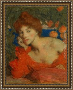 Edmond Framed Paintings - Sous les Orangers (Femme &agrave; Amalfi) by Edmond Francois Aman-Jean