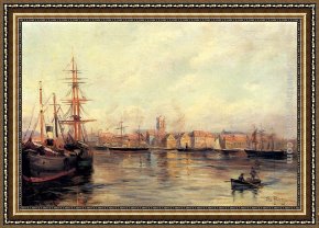 Edmond Framed Paintings - A Fishing Village by Edmond Marie Petitjean