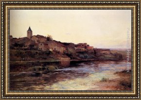 Edmond Framed Paintings - A French River Town by Edmond Marie Petitjean