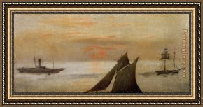 Seascape on a Cliff with Boat And Sunset Framed Paintings - Boats at Sea, Sunset by Edouard Manet