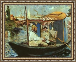The Red Boats Argenteuil Framed Paintings - Claude Monet working on his boat in Argenteuil by Edouard Manet