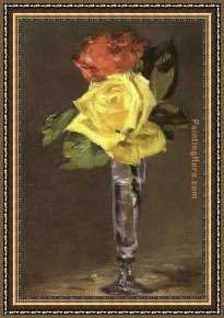 Two Roses on a Tablecloth Framed Paintings - Roses in a Champagne Glass by Edouard Manet