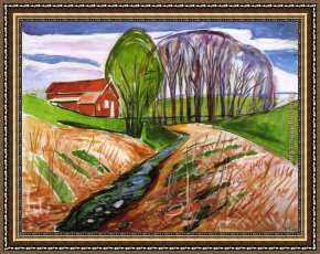 Promise of Spring Framed Paintings - Spring landscape at the red house 1935 by Edvard Munch