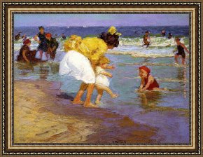Edward Henry Potthast Framed Paintings - At the Seashore by Edward Henry Potthast