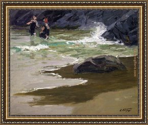 Edward Henry Potthast Framed Paintings - Bathers by a Rocky Coast by Edward Henry Potthast