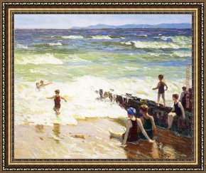 Edward Henry Potthast Framed Paintings - Bathers by the Shore by Edward Henry Potthast