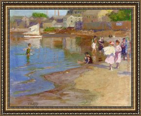 Edward Henry Potthast Framed Paintings - Children Playing at the Beach by Edward Henry Potthast