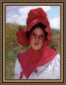 Girl with Red Hair Framed Paintings - Girl in a Red Bonnet by Edward Henry Potthast