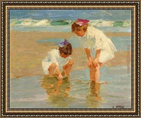 Edward Henry Potthast Framed Paintings - Girls Playing in Surf by Edward Henry Potthast
