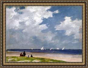 Edward Henry Potthast Framed Paintings - Sailboats off Far Rockaway by Edward Henry Potthast