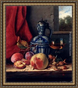 Still Life of Marigolds in a Westerwald Jug Framed Paintings - Still Life with Peaches, Whitecurrants, Hazelnuts, a Glass and a Stoneware Jug on a wooden Ledge with a Landscape beyond by Edward Ladell
