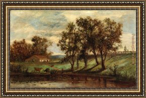 Houses in France Framed Paintings - man with cows grazing near pond with house and trees in background by Edward Mitchell Bannister