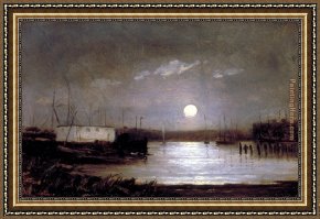 Scene Framed Paintings - moon over a harbor, wharf scene with full moon and masts of boats by Edward Mitchell Bannister