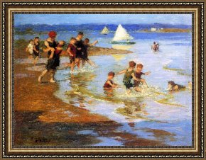 Play Framed Paintings - Children at Play on the Beach by Edward Potthast