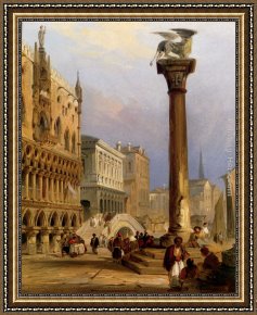 A View of Santa Maria Della Salute, Venice Framed Paintings - A View Of St Mark's Column, And The Doge's Palace, Venice by Edward Pritchett