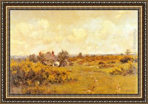 A Surrey Chalkpit Framed Paintings - A gaggle of geese on a fram track in a Surrey landscape, a cottage beyond by Edward Wilkins Waite