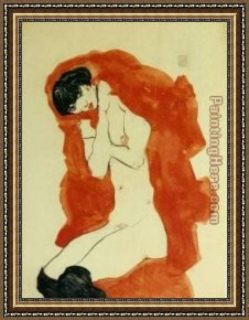 Girl with Red Hair Framed Paintings - Girl with Red Blanket by Egon Schiele