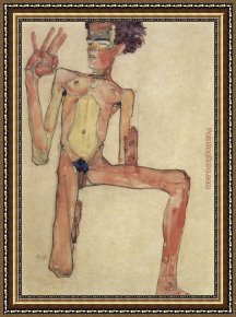 Acts Framed Paintings - Kneeling act selfportrait by Egon Schiele