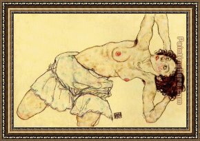 Nude on a Sofa Framed Paintings - Nude woman with a skirt by Egon Schiele