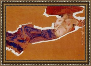 Nude on a Sofa Framed Paintings - Reclining Semi Nude with Red Hat Gertrude Schiele by Egon Schiele