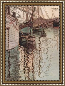 The Wave Framed Paintings - Sailing ships in the waves exciting water the harbour of Trieste by Egon Schiele