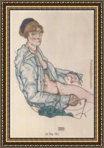 Girl with Hair Ribbon Roy Lichtenstein Framed Paintings - Sitting woman with blue hair ribbon by Egon Schiele