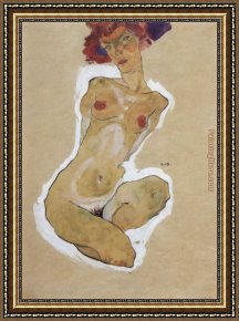Acts Framed Paintings - Squatting feminine act by Egon Schiele