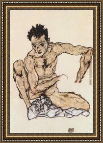 Acts Framed Paintings - Squatting male act selfportrait by Egon Schiele