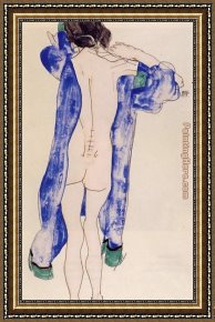 Nude on a Sofa Framed Paintings - Standing Female Nude in a Blue Robe by Egon Schiele