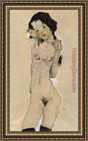 Nude on a Sofa Framed Paintings - Standing nude young girl by Egon Schiele