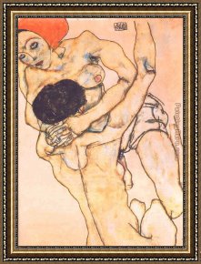 Young Girl Defending Herself Against Cupid Framed Paintings - Two young girls by Egon Schiele