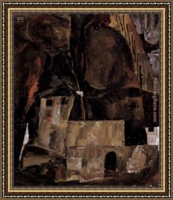 Ground Swell Framed Paintings - Wall and house before h'gligem ground with fence by Egon Schiele