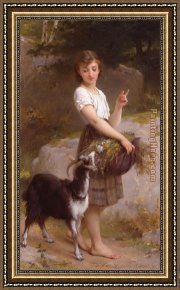 Young Girl Defending Herself Against Cupid Framed Paintings - Young Girl with Goat & Flowers by Emile Munier