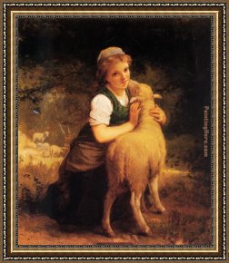 Young Girl Defending Herself Against Cupid Framed Paintings - Young Girl with Lamb by Emile Munier