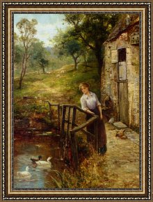 Mill on The Thames, Mapledurham Framed Paintings - Young Lady at the Mill Pond by Ernst Walbourn