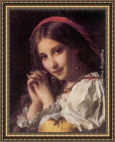 Girl with Red Hair Framed Paintings - Portrait of a Girl with Red Shawl by Etienne Adolphe Piot