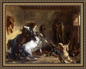El Bano Del Caballo [the Horse's Bath] Framed Paintings - Arab Horses Fighting in a Stable by Eugene Delacroix