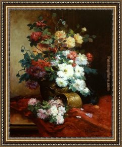 Two Roses on a Tablecloth Framed Paintings - Roses and Dahlias by Eugene Henri Cauchois