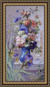 Waterlilies And Japanese Bridge Framed Paintings - Summer Flowers with Japanese Iris by Eugene Henri Cauchois