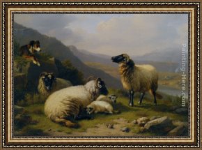 A Dog And Her Puppies Framed Paintings - Sheep dog guarding his flock by Eugene Verboeckhoven