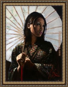 The Umbrellas Framed Paintings - michiko with white umbrella by Fabian Perez