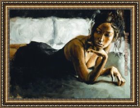 Bed of Chrysanthemums Framed Paintings - Renee on Bed II by Fabian Perez