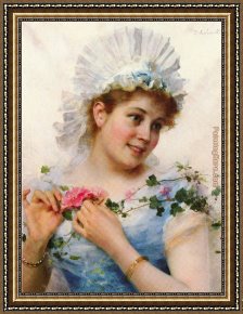 Two Roses on a Tablecloth Framed Paintings - A Young Girl With Roses by Federico Andreotti