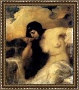 Nymph And Triton Framed Paintings - A Nymph Drinking At A Spring by Ferdinand Keller