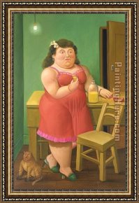 Women Framed Paintings - Woman Drinking With Cat by Fernando Botero
