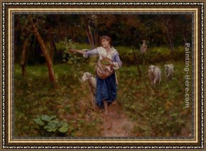 A Shepherdess with Her Flock Framed Paintings - A Shepherdess In A Pastoral Landscape by Francesco Paolo Michetti